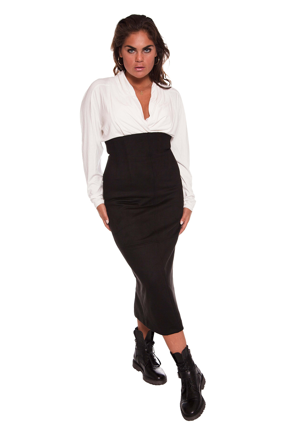 High waisted top black suede skirt